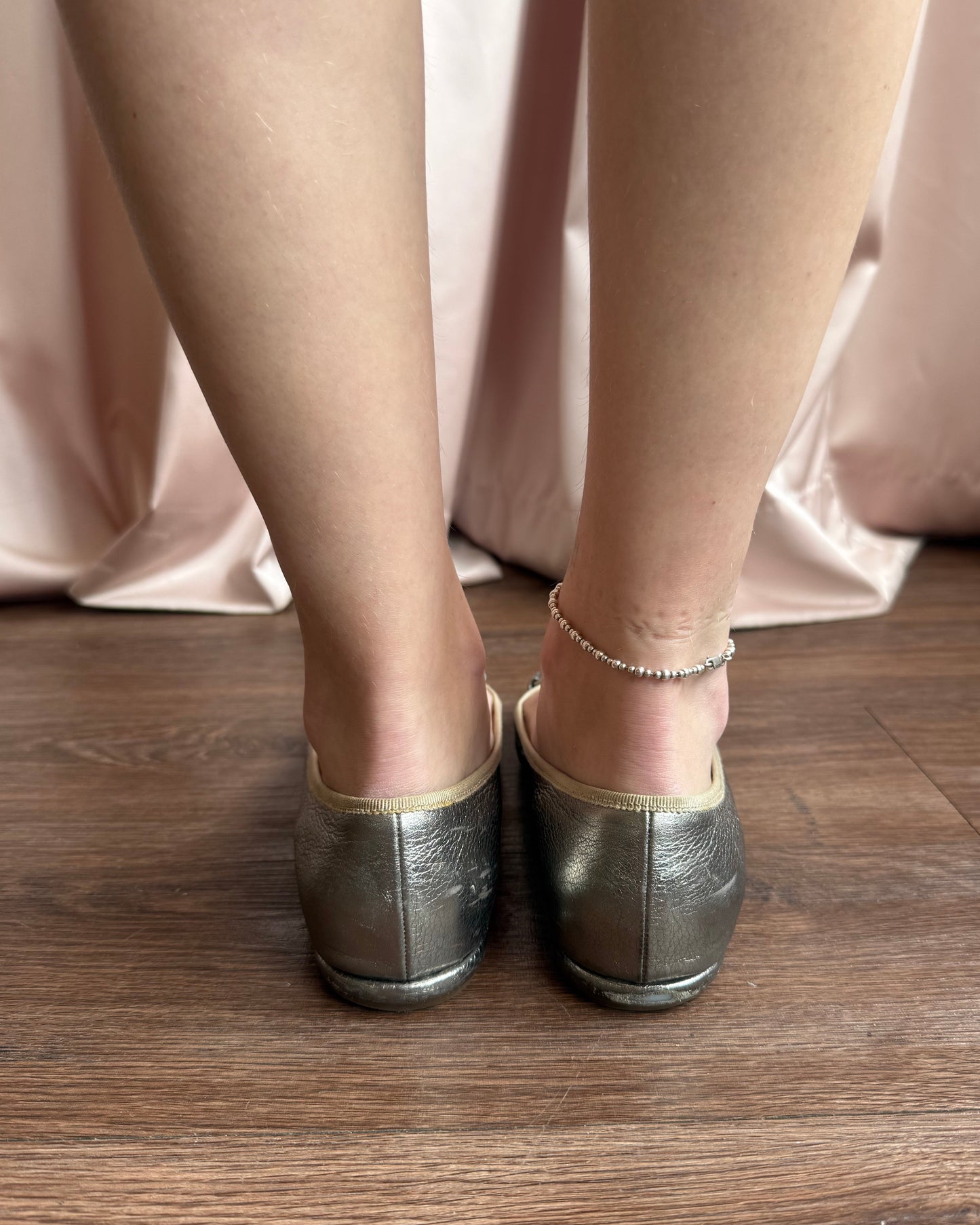 Prada Logo Buckle Silver Metallic Leather Flats