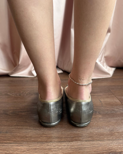 Prada Logo Buckle Silver Metallic Leather Flats