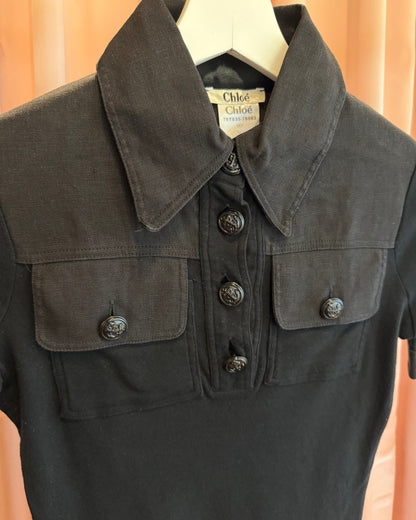 Chloé S/S 2007 Black Cotton & Linen Sailor Button Polo Shirt