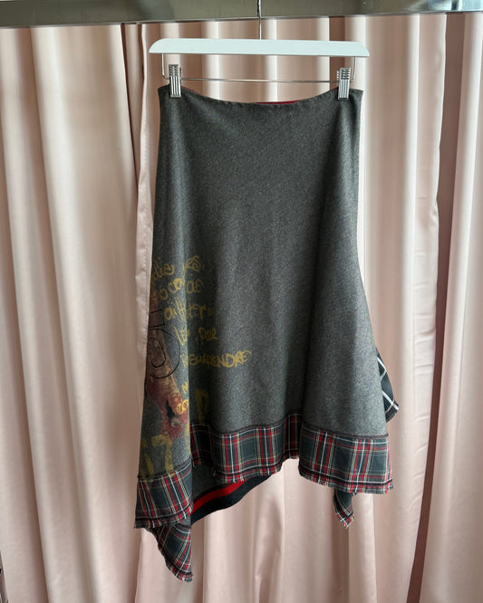 Cop Copine Printed Asymmetric Plaid Trim Midi Skirt