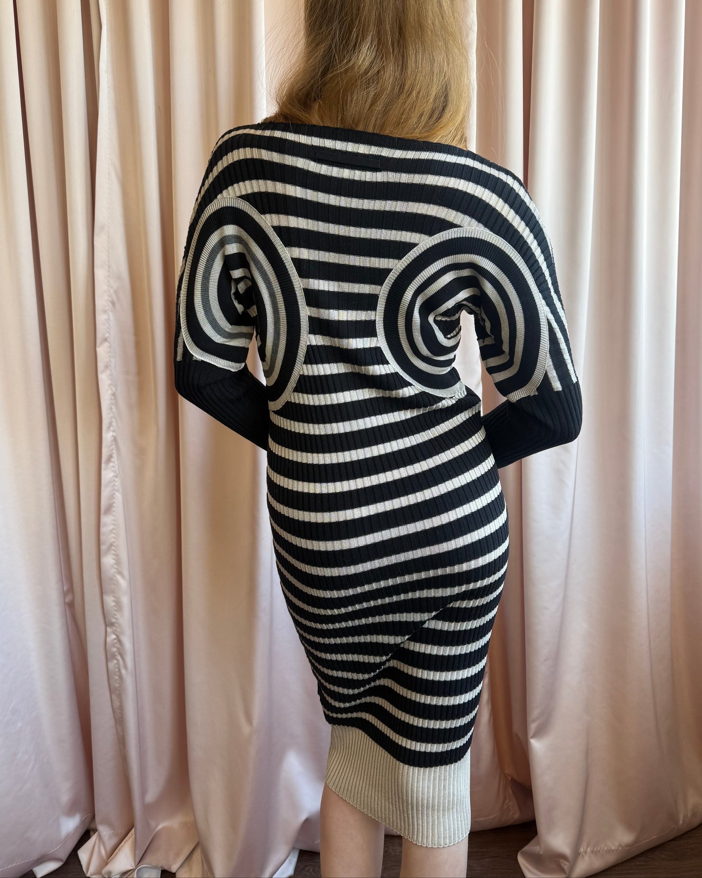 Jean Paul Gaultier Black & Beige Striped Long Sleeve Knit Dress
