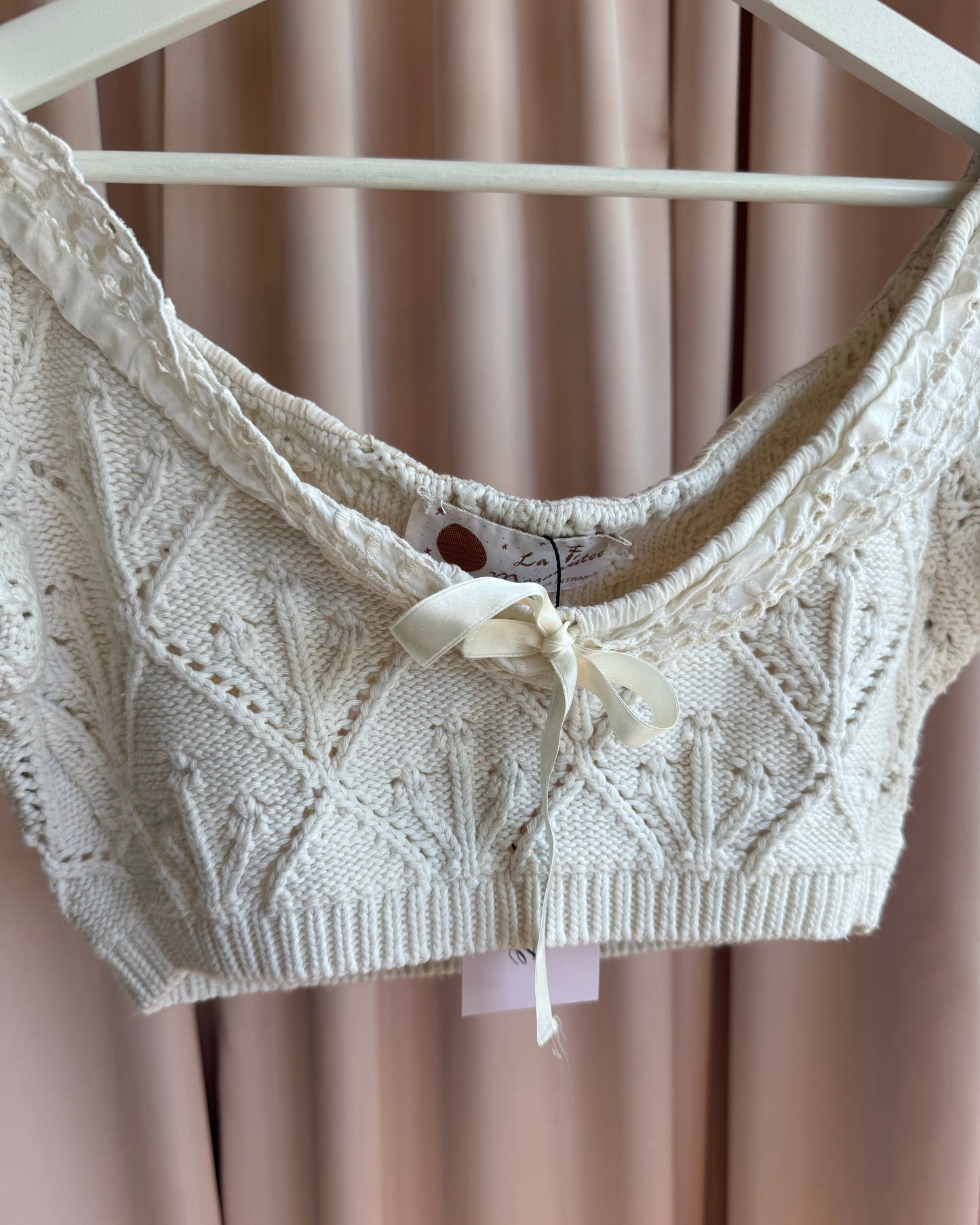 French Brand La Fée Maraboutée Cropped Cream Crochet Knit Top