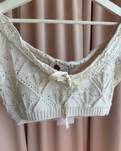 French Brand La Fée Maraboutée Cropped Cream Crochet Knit Top