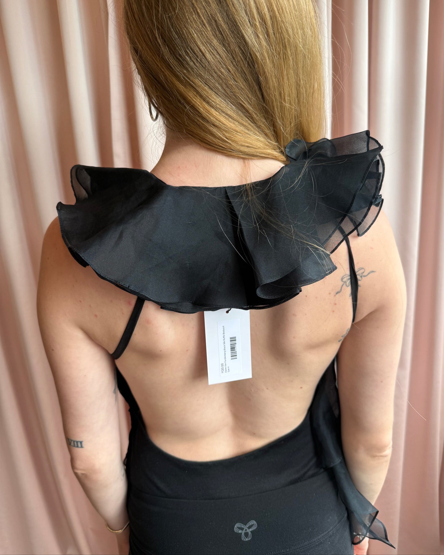 Diane Von Furstenberg Black Silk Asymmetrical Ruffle Bodysuit
