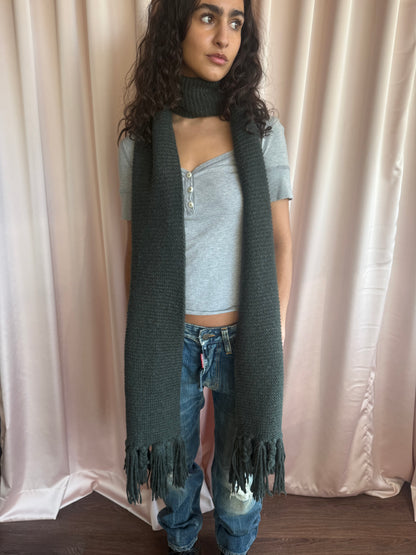 Dark Green Alpaca Blend Knit Fringe Scarf