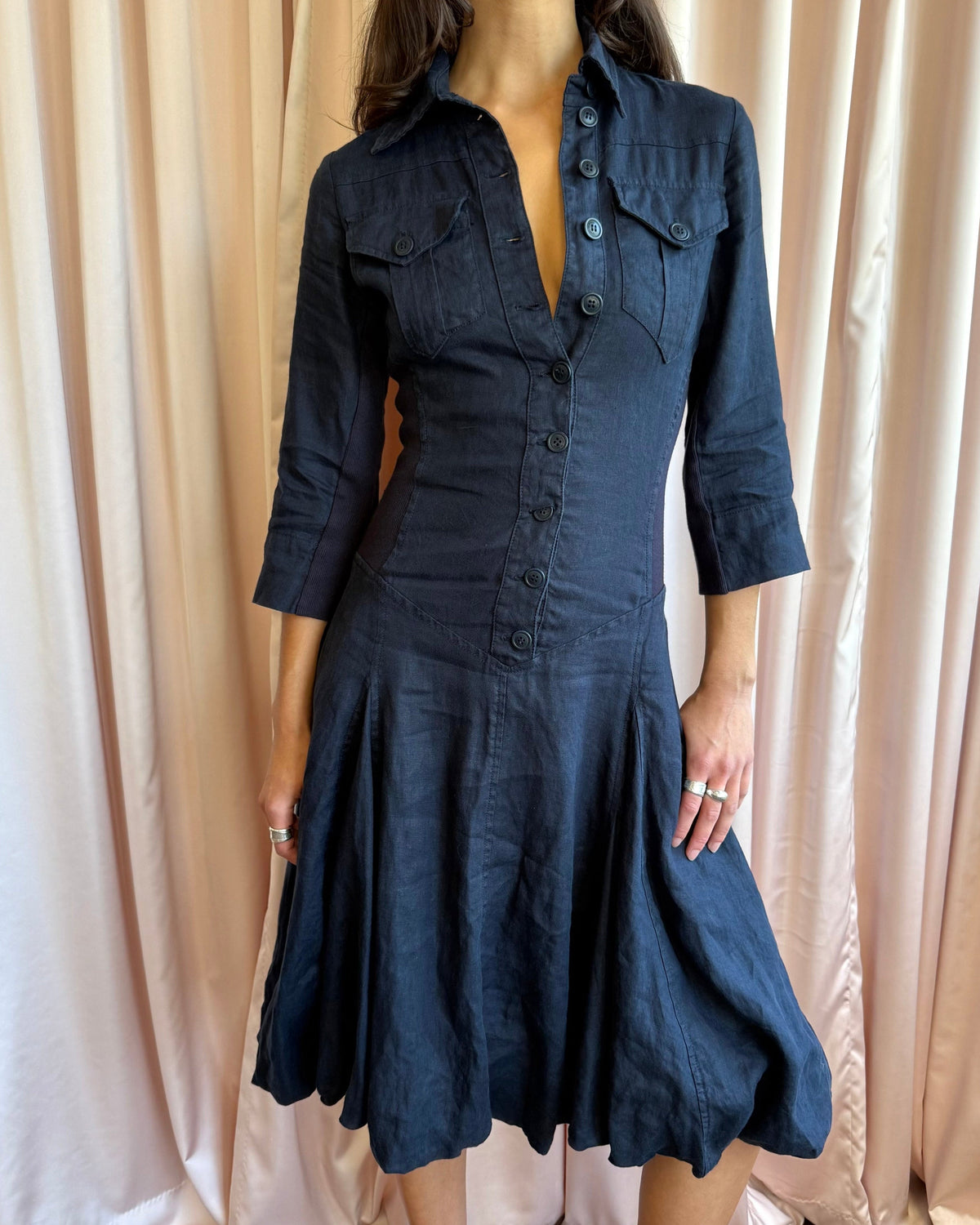 Spanish Brand Navy Linen Drop Waist Shirt Dress