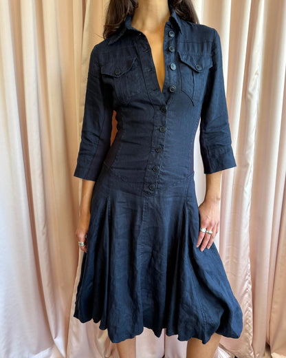 Spanish Brand Navy Linen Drop Waist Shirt Dress