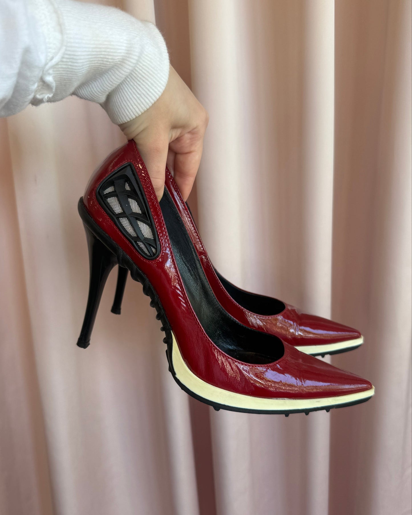 Casadei Sporty Mesh Accent Red Patent Leather Pumps