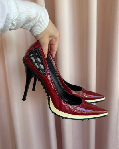 Casadei Sporty Mesh Accent Red Patent Leather Pumps