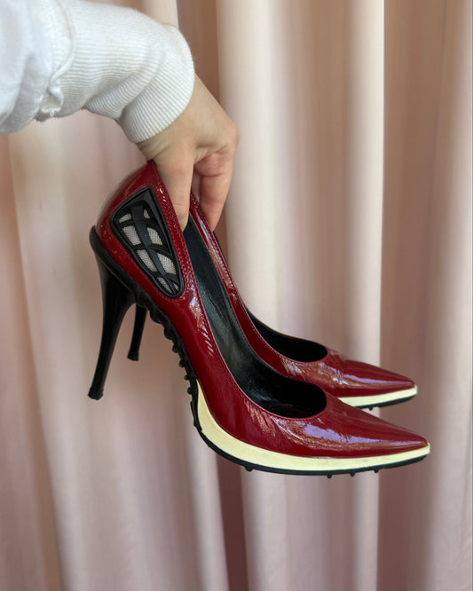 Casadei Sporty Mesh Accent Red Patent Leather Pumps