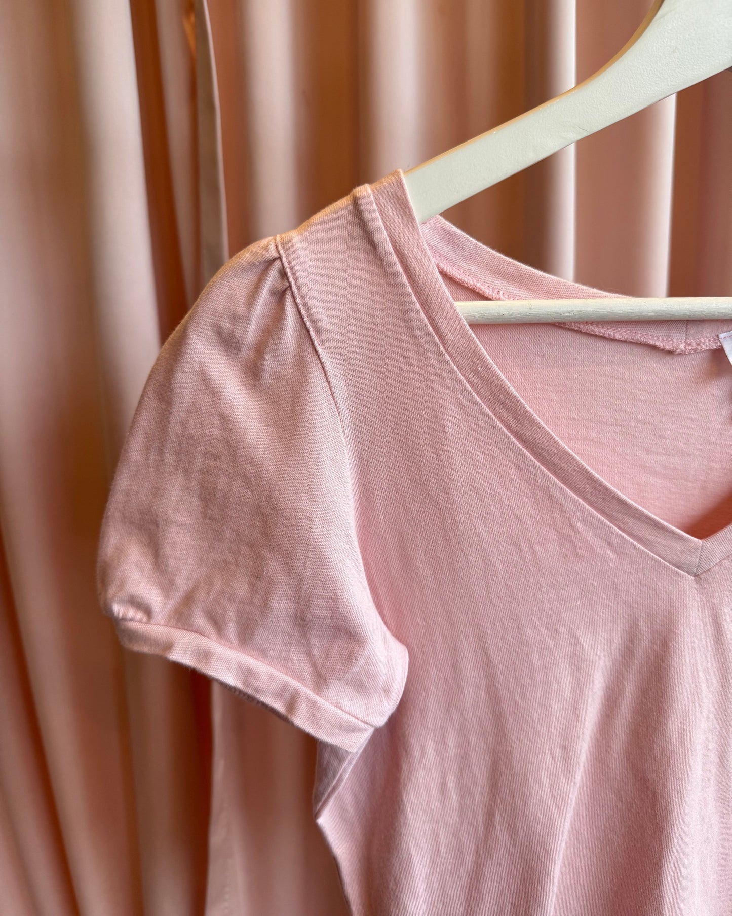 French Brand Pink Puff Sleeve V-Neck T-Shirt