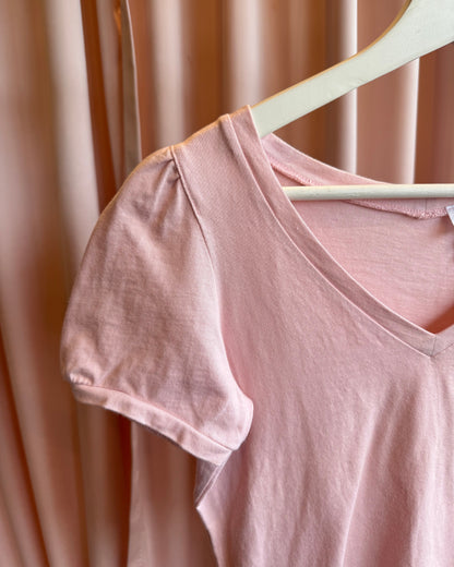 French Brand Pink Puff Sleeve V-Neck T-Shirt