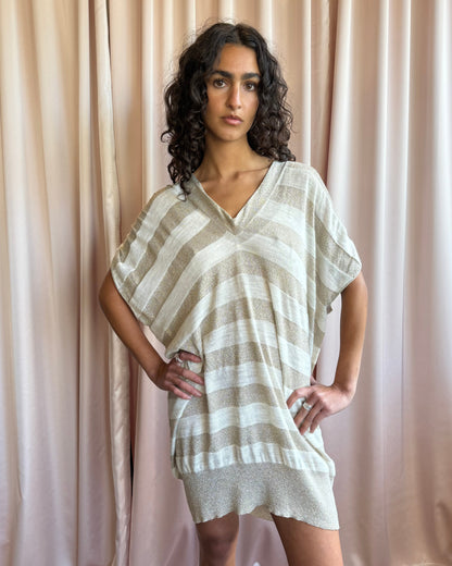 Japanese Brand Shimmer Striped Knit V-Neck Mini Dress
