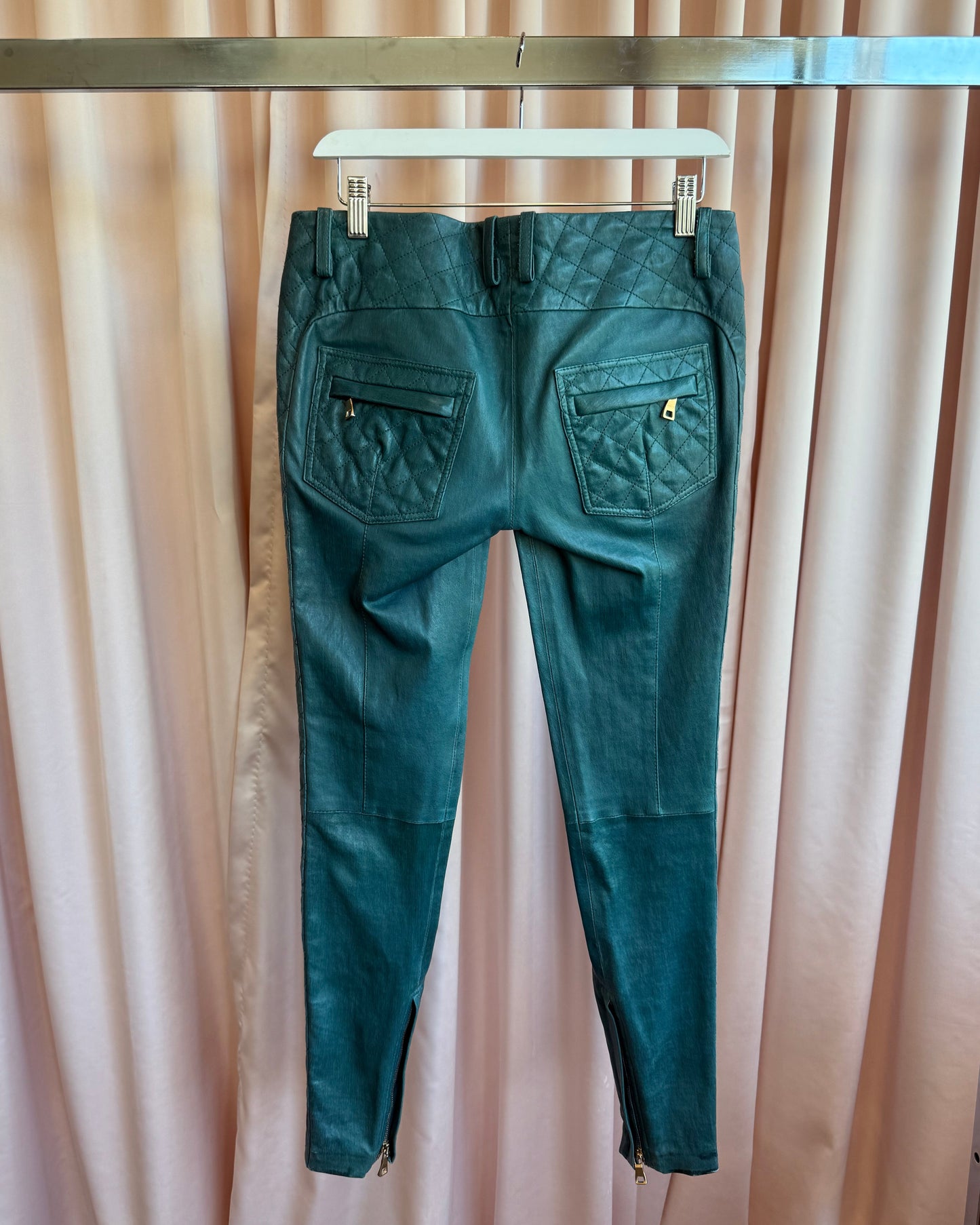 Balmain Viridian Lambskin Leather Low Rise Slim Cut Moto Pants
