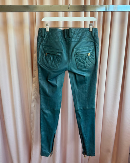 Balmain Viridian Lambskin Leather Low Rise Slim Cut Moto Pants