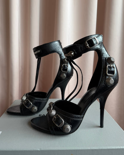 Balenciaga Cagole Studded Black Leather Stiletto Sandals