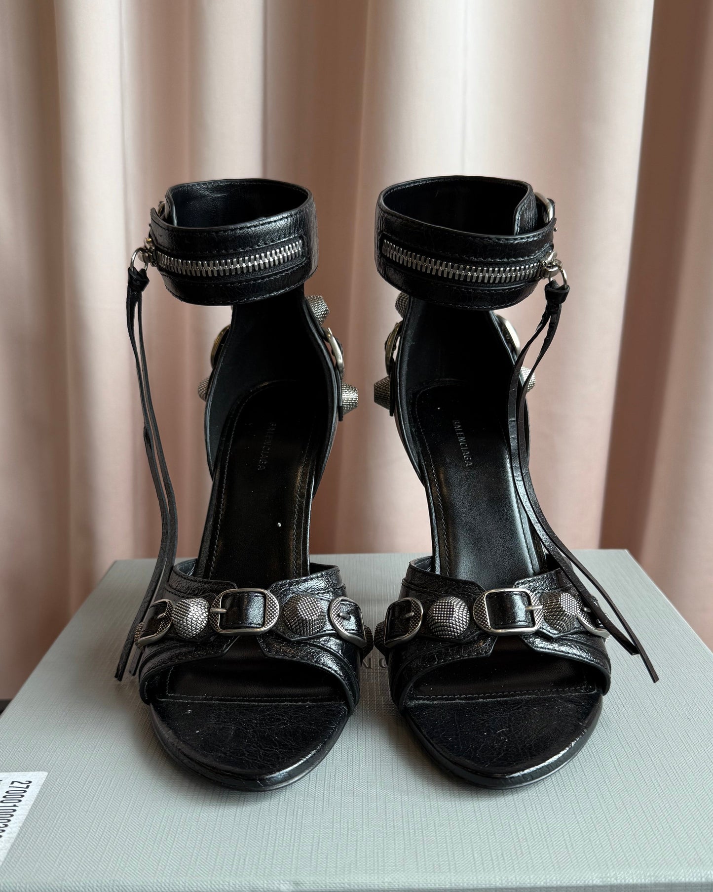 Balenciaga Cagole Studded Black Leather Stiletto Sandals