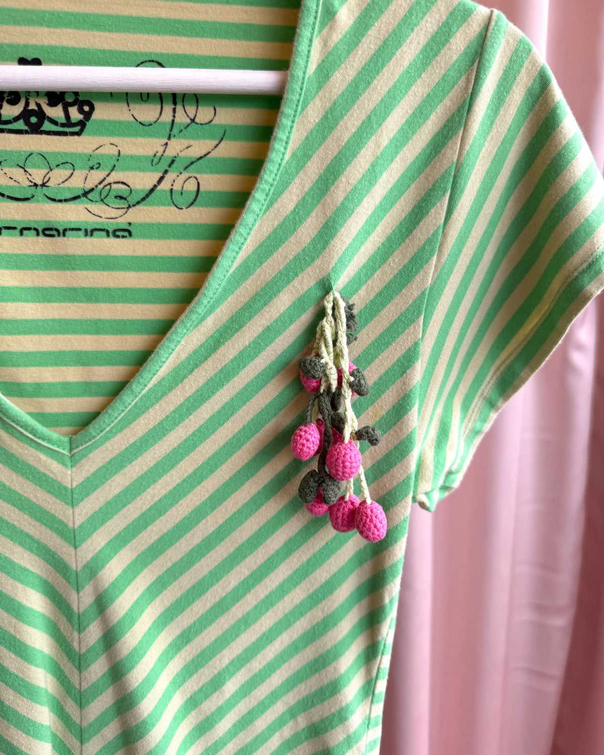 Italian Brand Crochet Detail Striped Green V-Neck Top