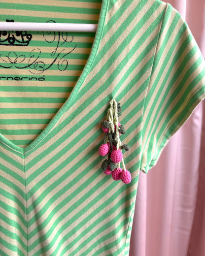 Italian Brand Crochet Detail Striped Green V-Neck Top