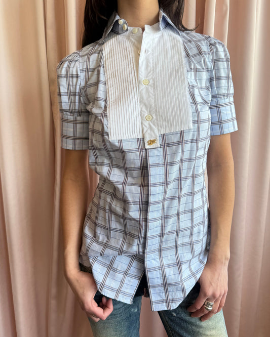 Dsquared² Baby Blue Checkered Tuxedo Bib Shirt