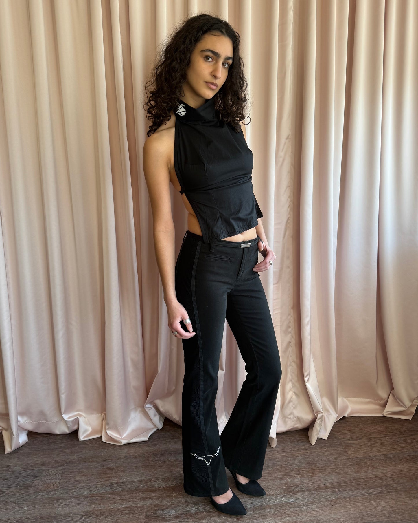 Moschino Jeans Embroidered Bull Belted Low Rise Flared Black Trousers