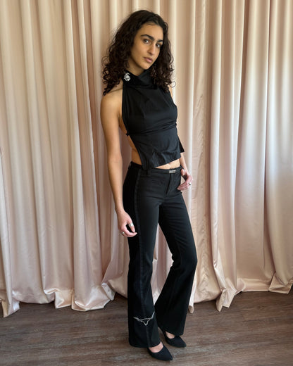 Moschino Jeans Embroidered Bull Belted Low Rise Flared Black Trousers