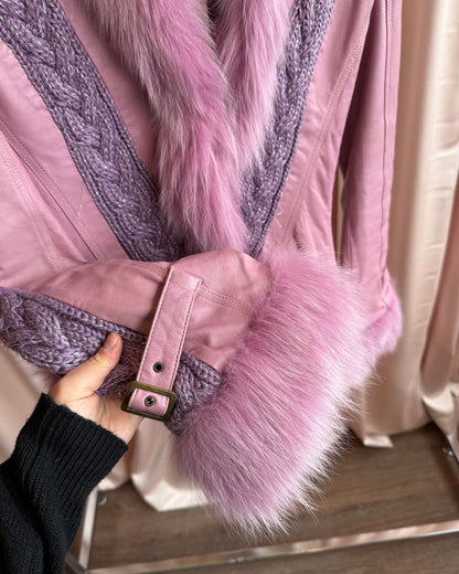 Purple Fox Fur Trim Cable Knit Panelled Sheepskin Leather Jacket