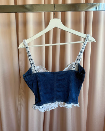 French Brand Blue & White Broderie Anglaise Contrast Bustier Top