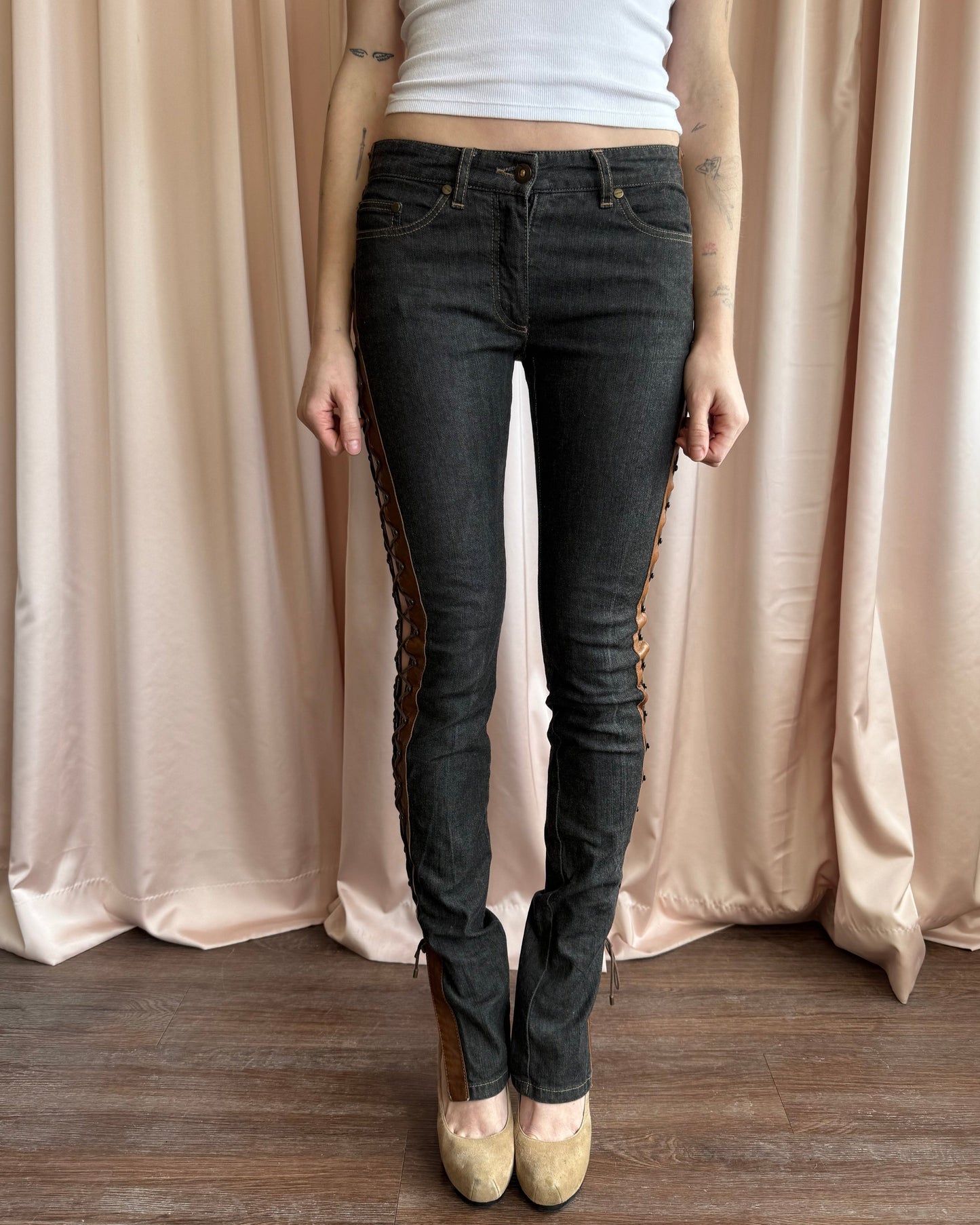 Alexander McQueen F/W 2002 "Supercalifragilistic" Lace Up Leather Denim Skinny Jeans