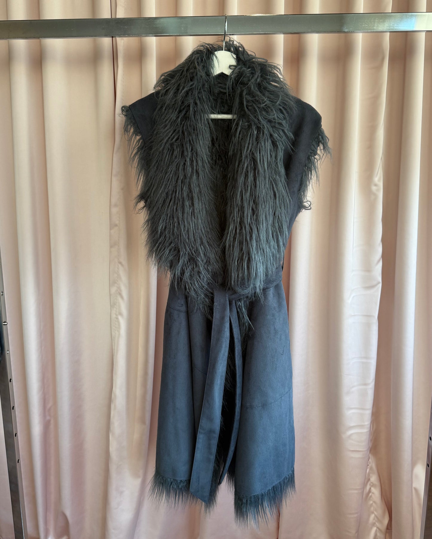 Diesel Reversible Dark Grey Shaggy Faux Fur Long Vest
