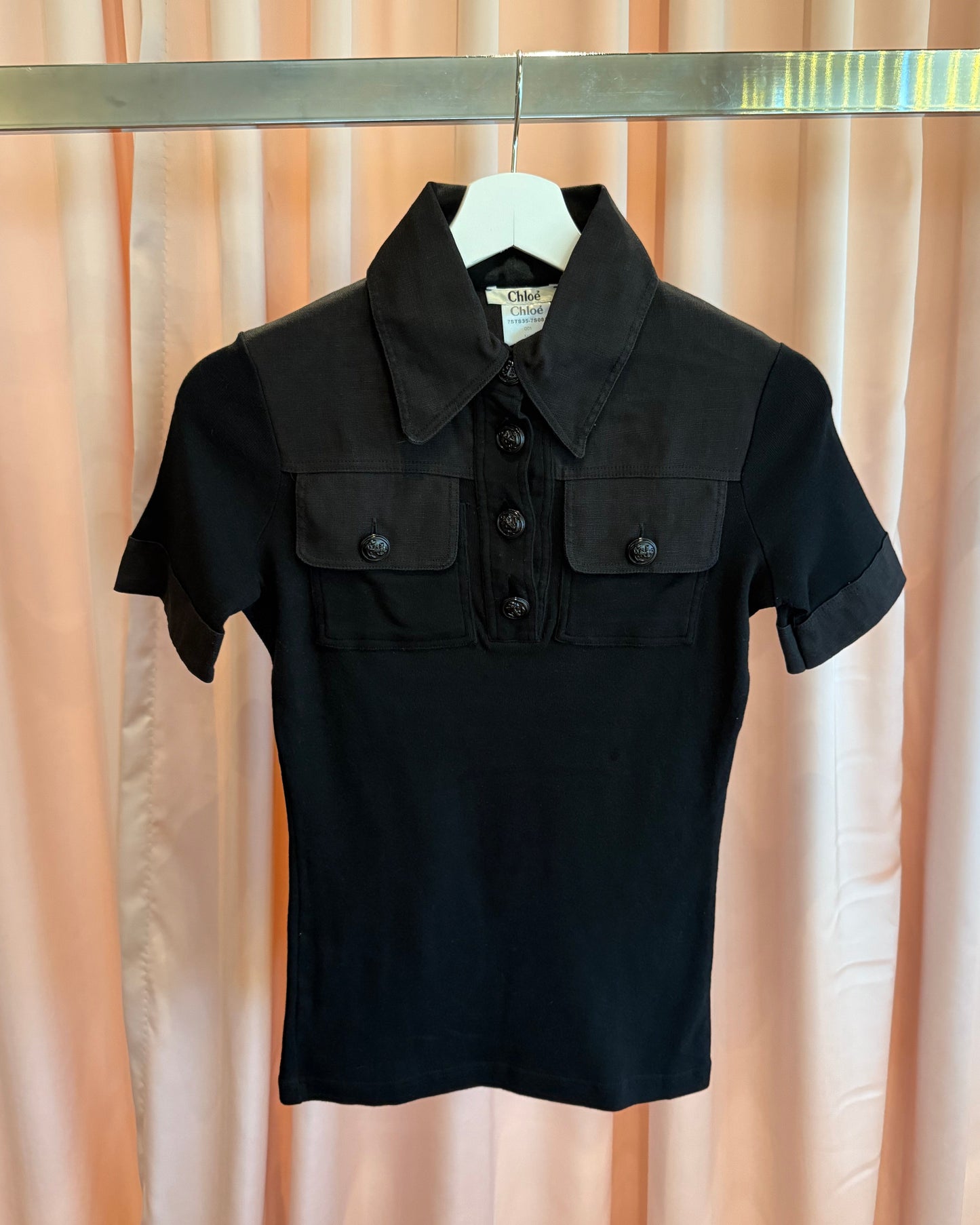 Chloé S/S 2007 Black Cotton & Linen Sailor Button Polo Shirt