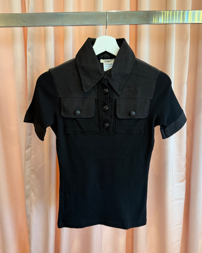 Chloé S/S 2007 Black Cotton & Linen Sailor Button Polo Shirt