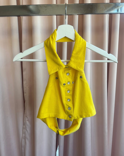 1990's Yellow Cropped Collared Button Up Halter Top
