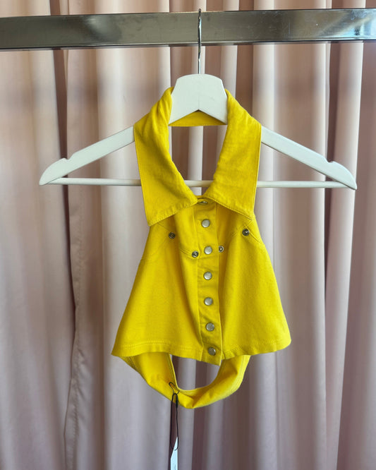 1990's Yellow Cropped Collared Button Up Halter Top