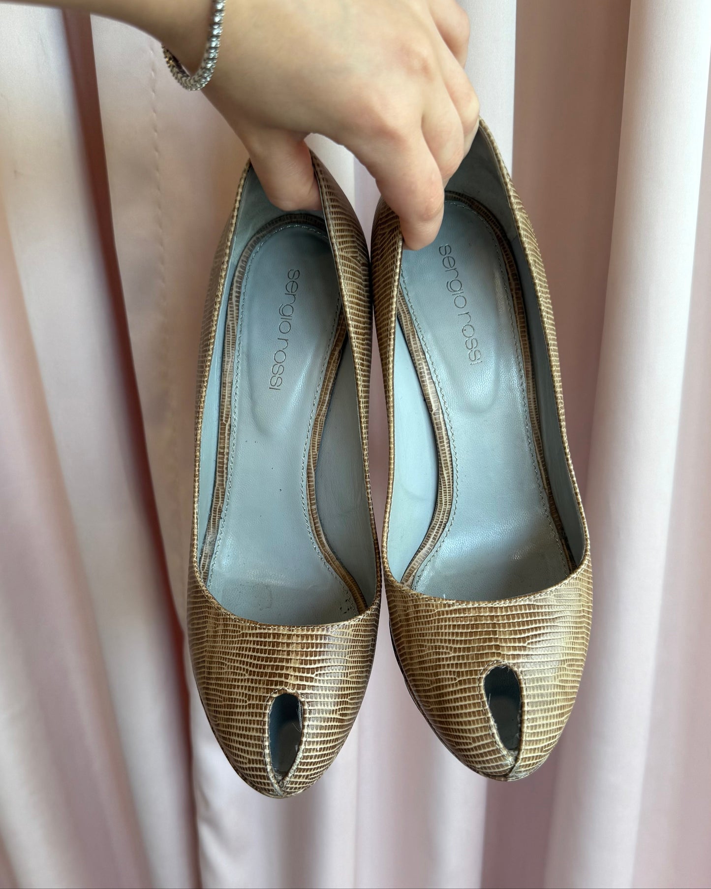 Sergio Rossi Snake Print Leather Peep Toe Pumps
