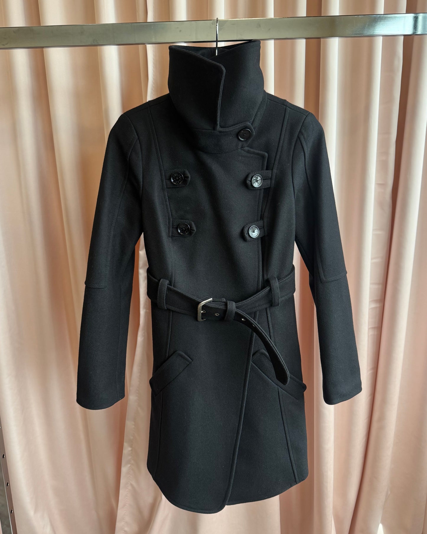 Patrizia Pepe Faux Fur Trim Double Breasted Black Wool Coat