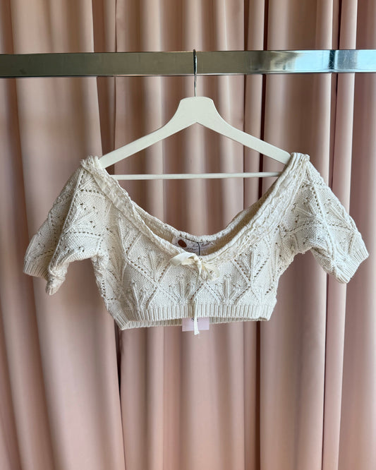 French Brand La Fée Maraboutée Cropped Cream Crochet Knit Top