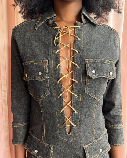 Japanese Brand Deadstock Lace Up Denim Mini Dress