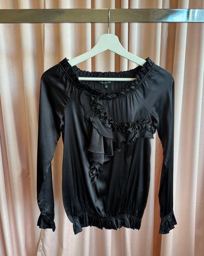 Patrizia Pepe Black Silk Asymmetric Ruffle Long Sleeve Blouse