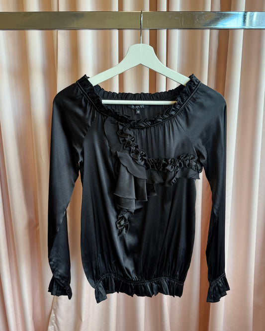 Patrizia Pepe Black Silk Asymmetric Ruffle Long Sleeve Blouse