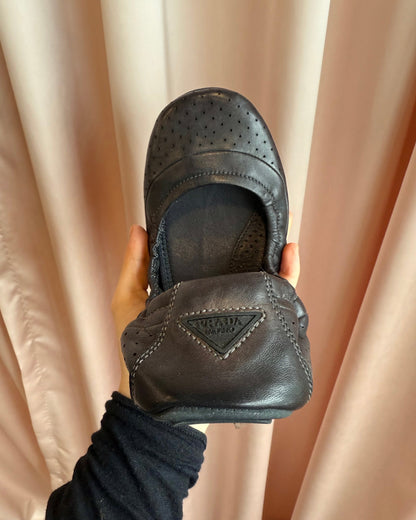Prada Sport 2010 Perforated Black Lambskin Leather Ballet Flats