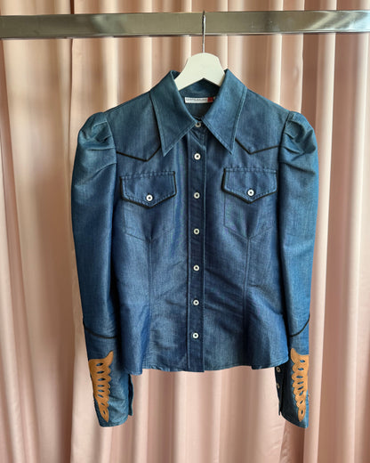 Castelbajac + Western Puff Sleeve Leather Appliqué Denim Shirt