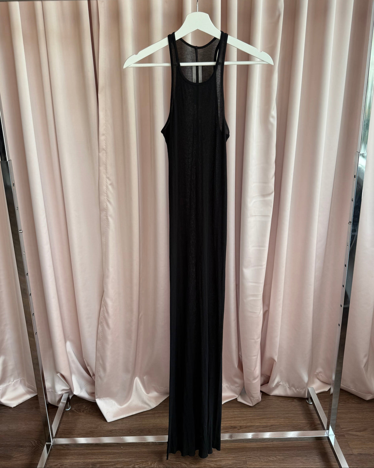 Rick Owens Ribbed Black Silk Blend Maxi Tank Dress