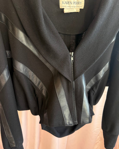 1980's Karen Perry Black Leather Trim Zip Up Sweater
