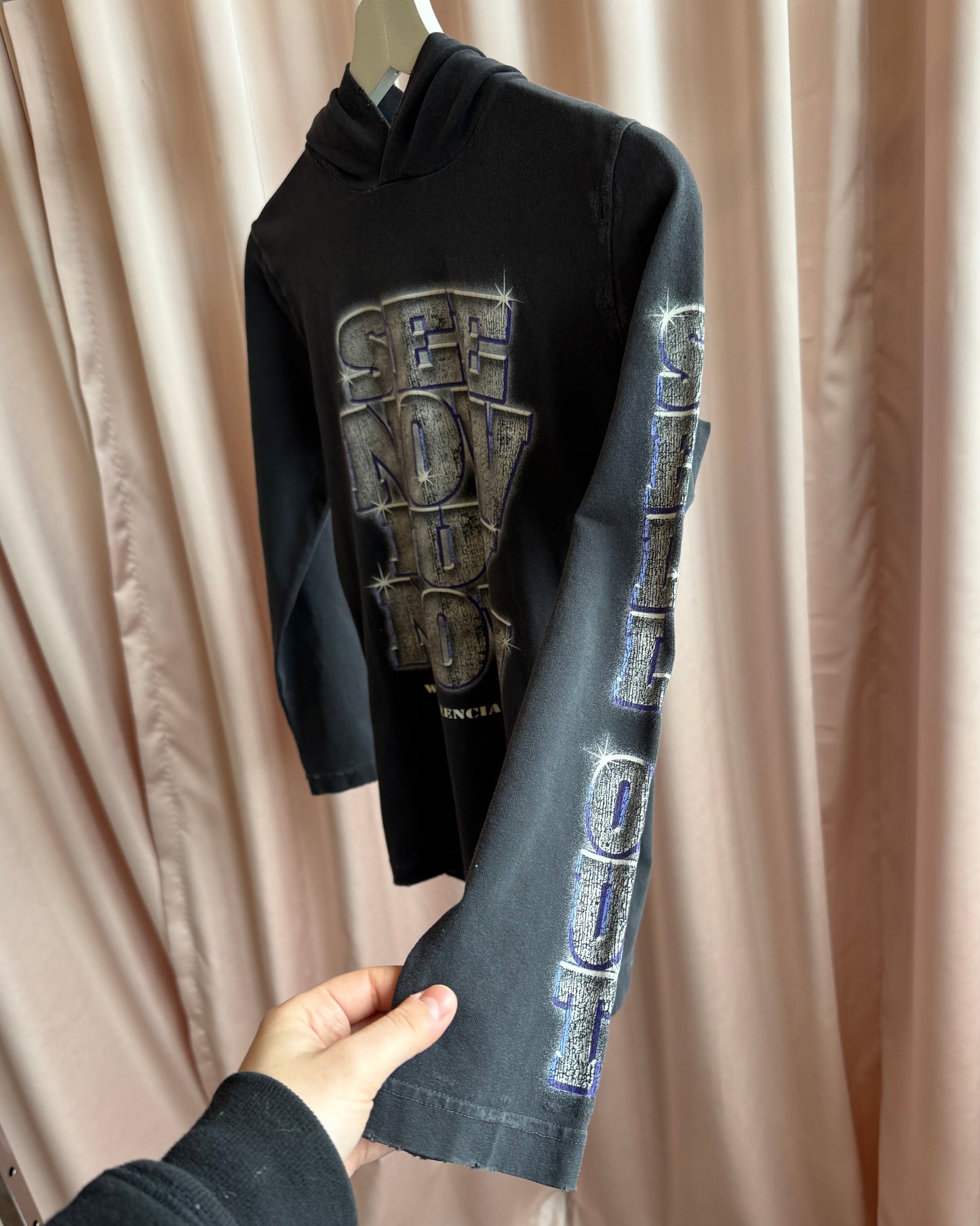 Balenciaga "See Now Buy Now" Faded Black Hooded Long Sleeve T-Shirt (S)