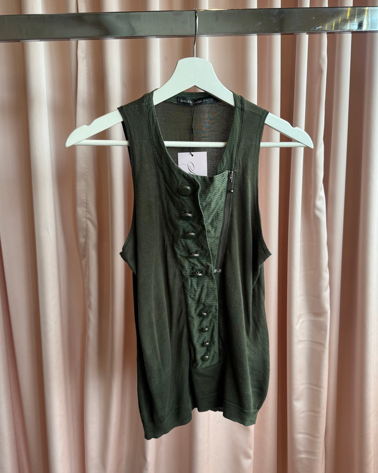 Balenciaga by Ghesquière 2007 Olive Green Silk Knit Buttoned Tank Top