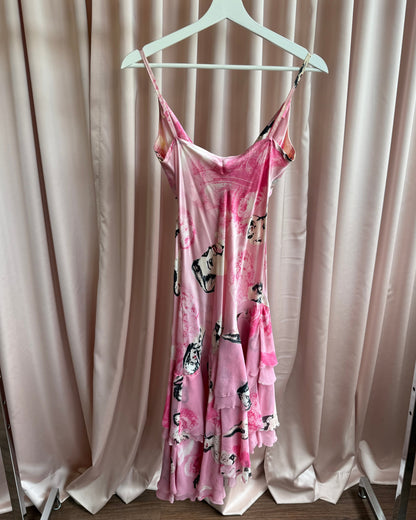 Jeff Gallano 100% Silk Pink Pin Up Print Bias Cut Dress *As Is*