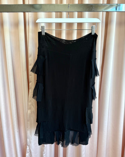 Italian Designer New w/ Tags Black Tiered Silk Ruffle Midi Skirt