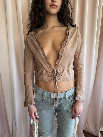 Sisii Faded Pink Ruffle Trim Waist Tie Leather Jacket