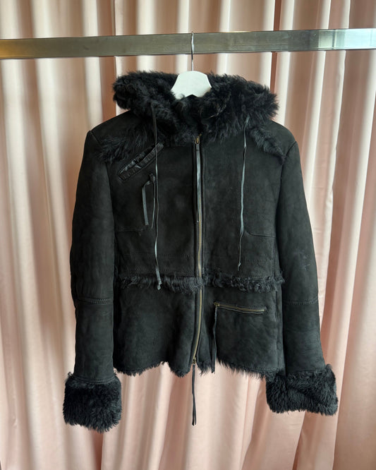 Italian Designer Shearling & Suede Hooded Jacket